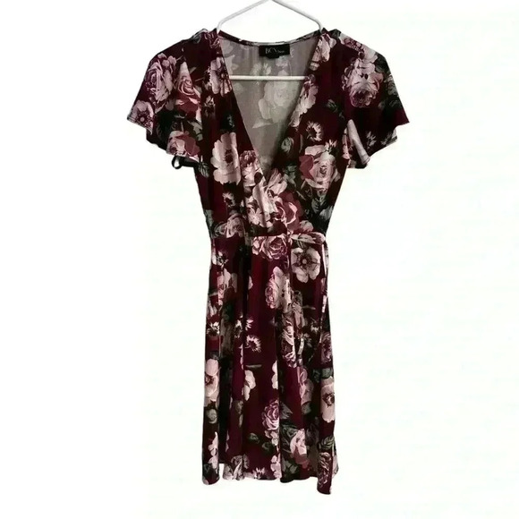 Floral Wrap Dress Maroon Mini Dress - Picture 1 of 3